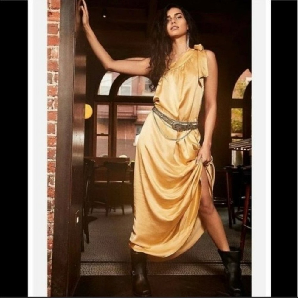 NWT Free People soa dress maxi gold eggnog satin gown one shoulder wedding prom